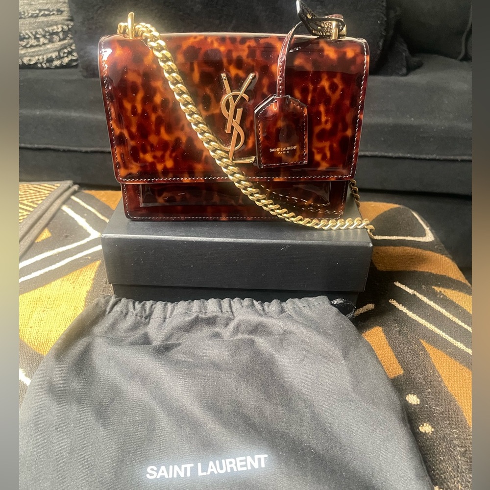 Authentic Saint Laurent Sunset Tortoiseshell Bag with Gold Chain
